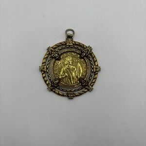 Vintage Jeanne Gold Tone Necklace Pendant King Warrior Castles Faux Coin 2 3/8"